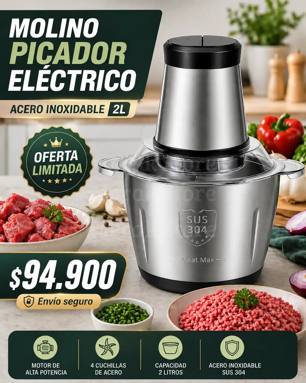 🔪 Molino Picador Eléctrico Acero Inoxidable 2 Litros 🔥 (Tamaño grande)